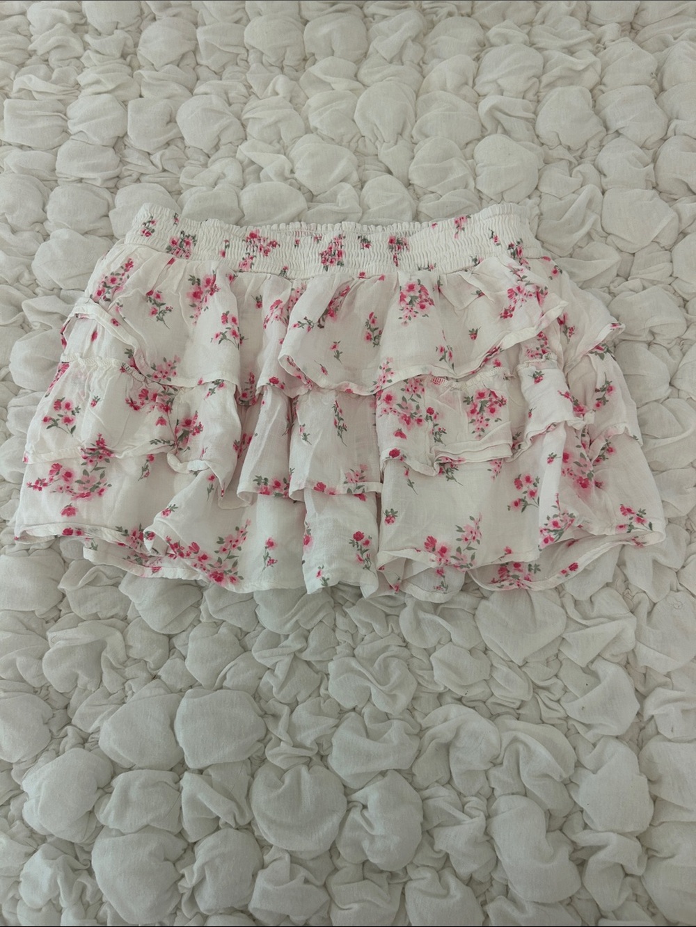 Hollister White Mini Skirt with Pink Floral Ruffle Tiers